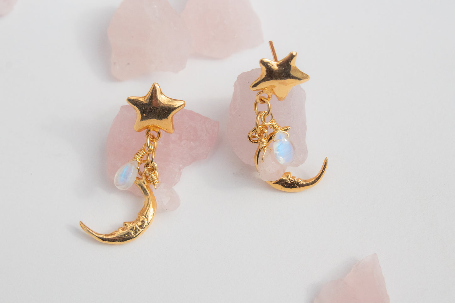 Pink Moon. Earrings with moonstone and rose quartz