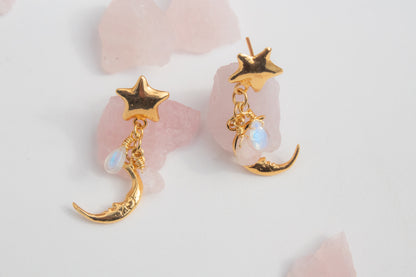 Luna Rosa. Aretes con piedra luna, cuarzo rosa y morganita