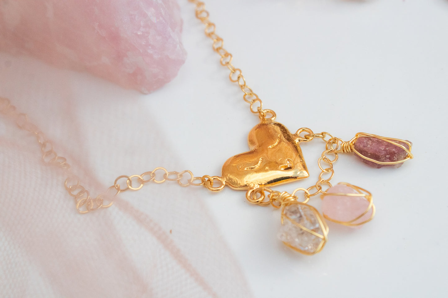 Cuore. Necklace with herkimer quartz, morganite and pink tourmaline