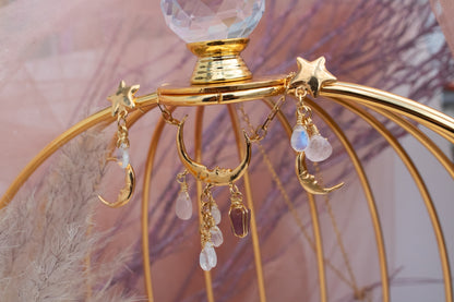 Luna Rosa. Aretes con piedra luna, cuarzo rosa y morganita