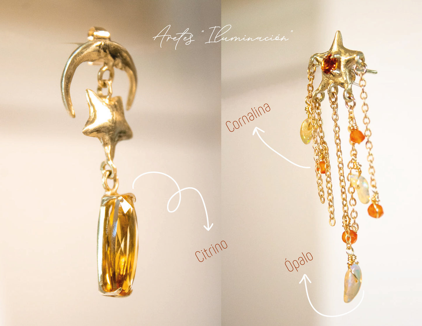 Iluminación. Aretes de luna y estrellas con citrino, ópalo y cornalina