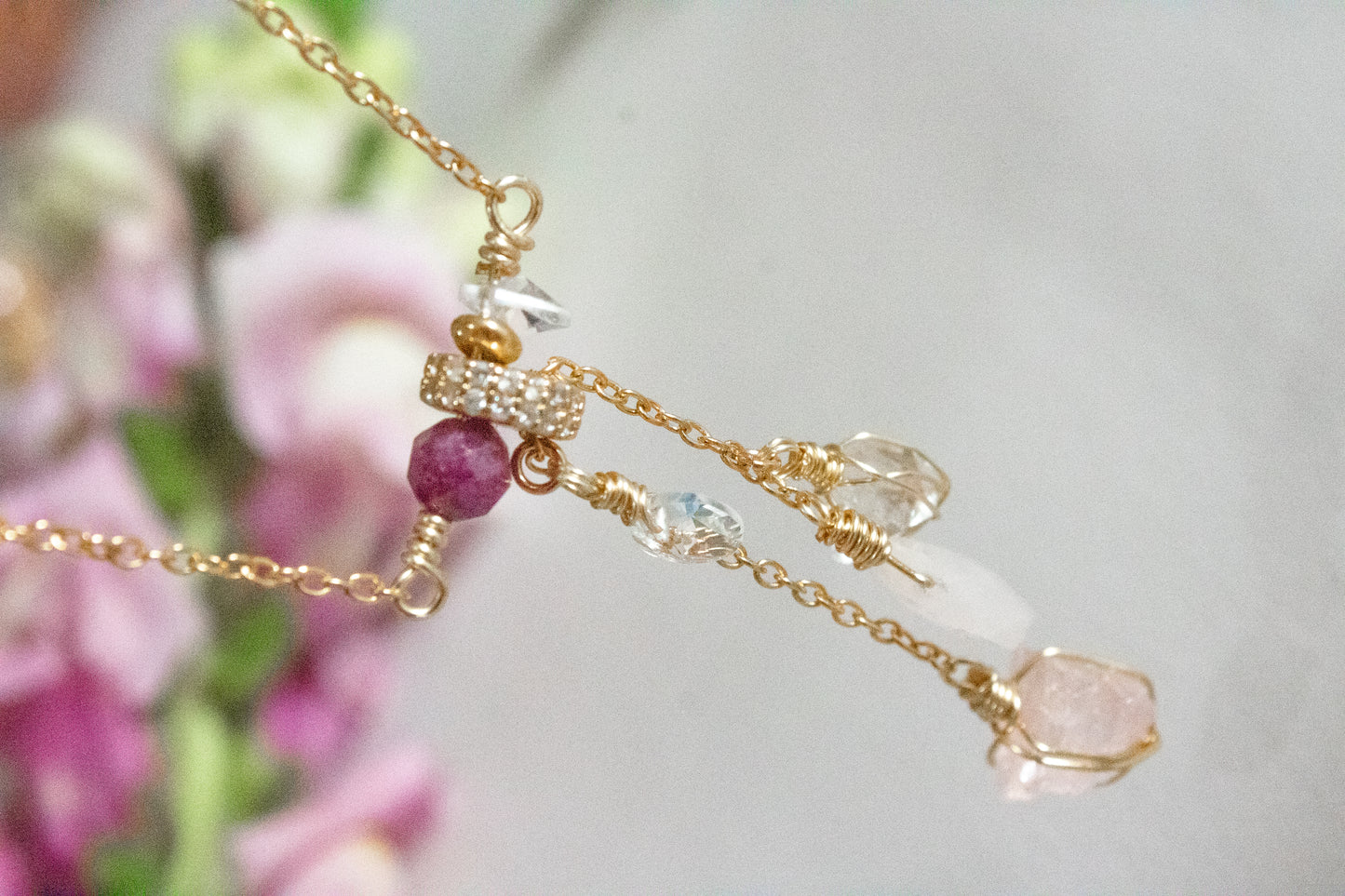 Nobility. Ruby, morganite, rose quartz and herkimer necklace