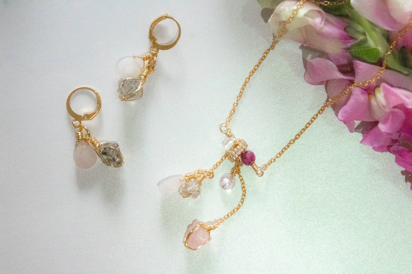 Nobility. Ruby, morganite, rose quartz and herkimer necklace