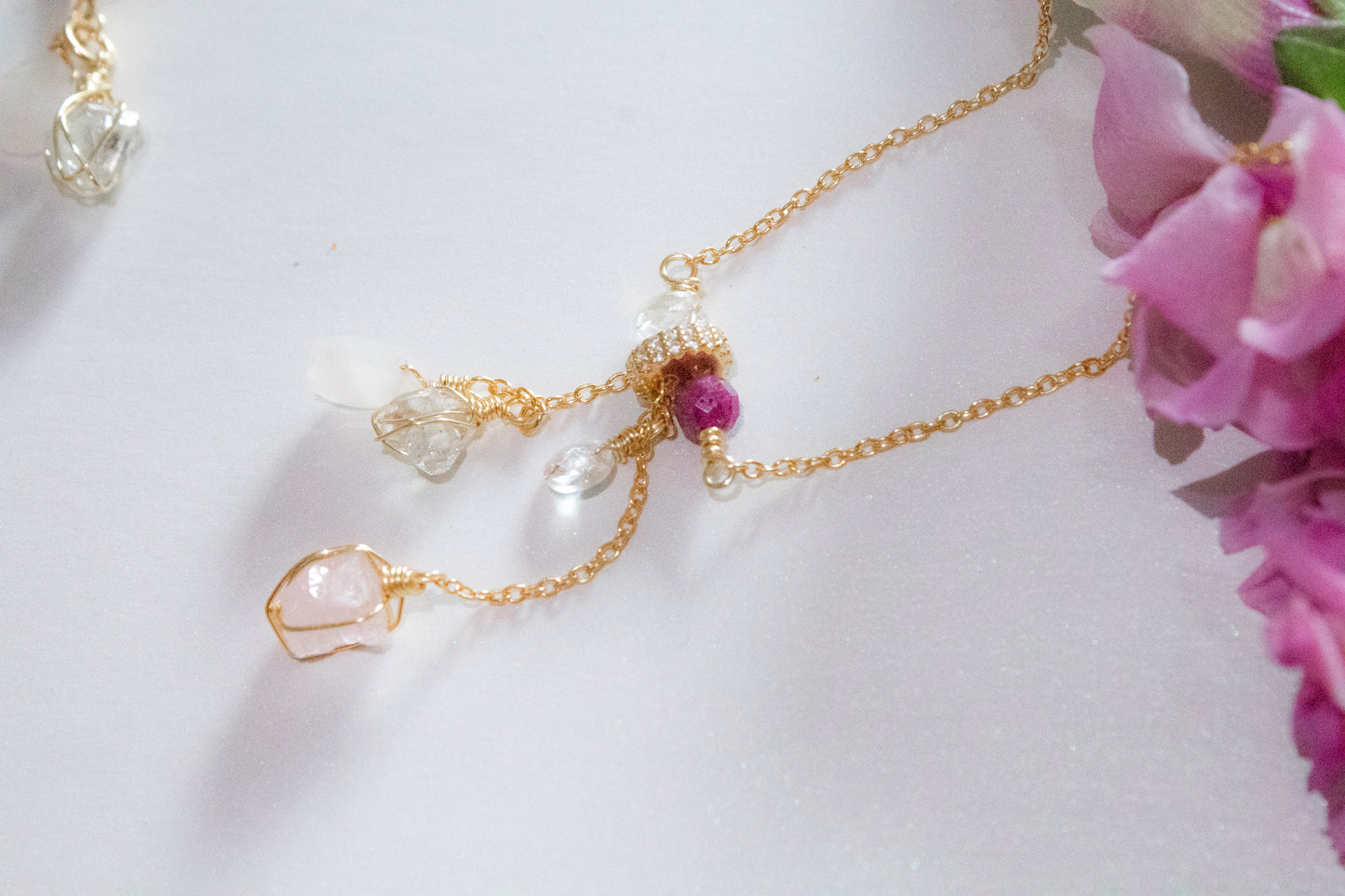 Nobility. Ruby, morganite, rose quartz and herkimer necklace