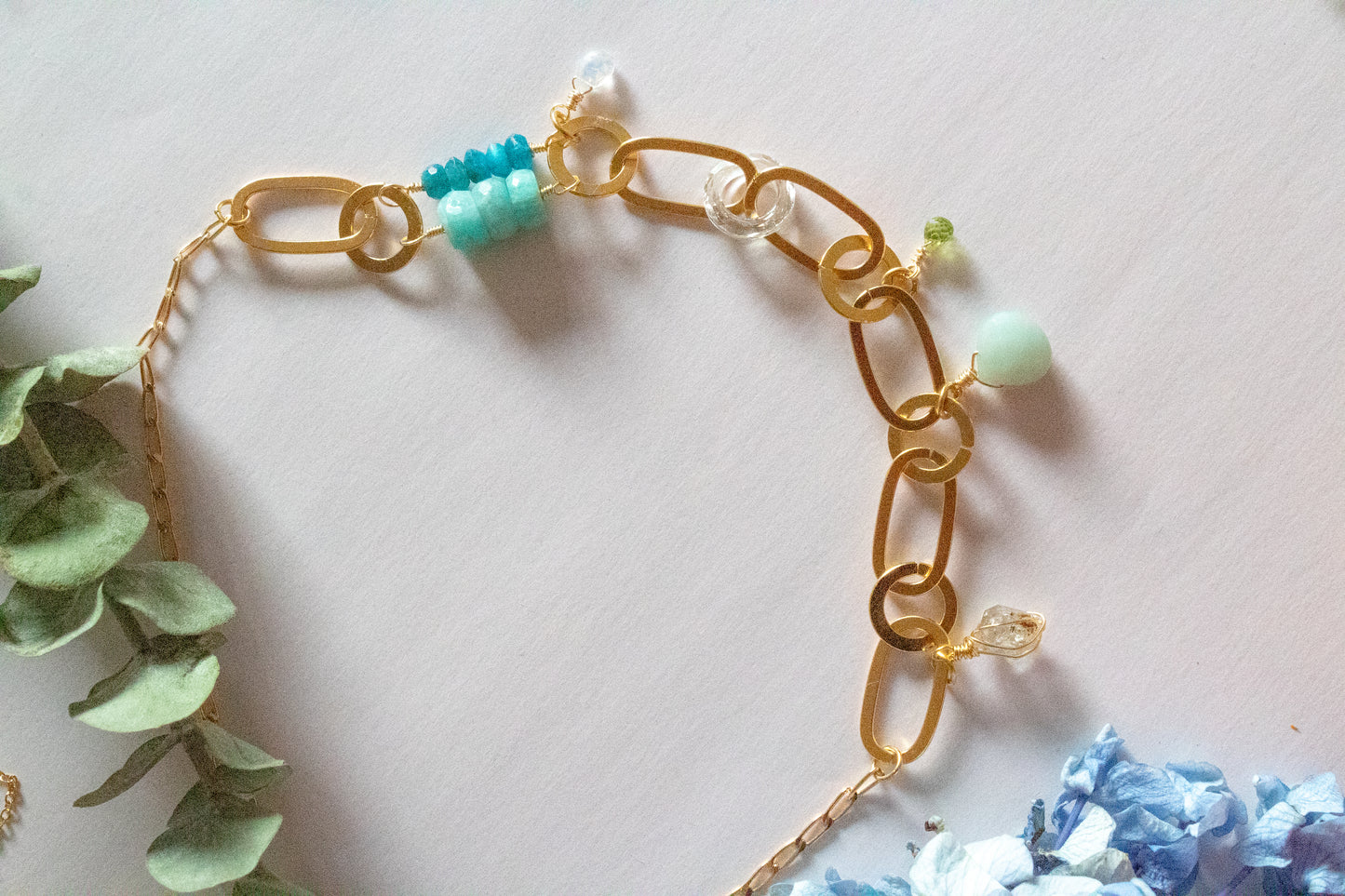 Marea. Choker with apatite, amazonite, moonstone, peridot