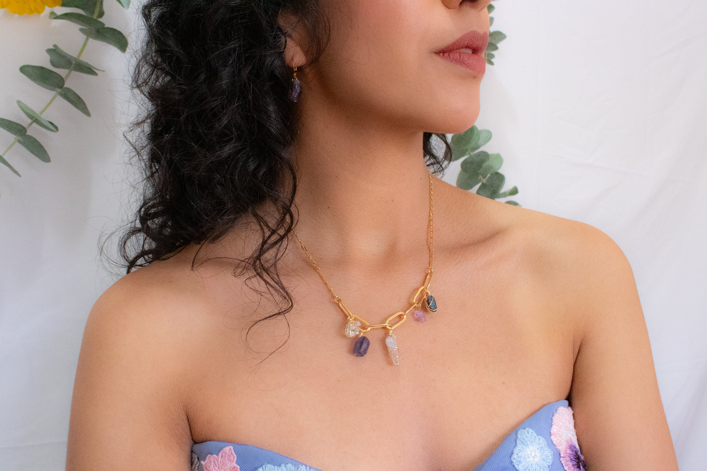 Air. Necklace with herkimer, fluorite, amethyst and chalcopyrite