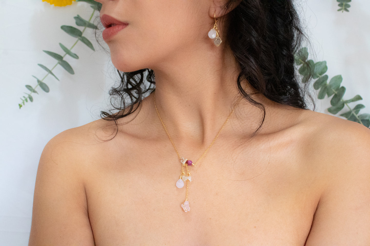 Nobility. Ruby, morganite, rose quartz and herkimer necklace