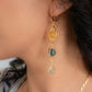 Universo. Aretes huggies con nudo de bruja, calcopiritas y herkimers.