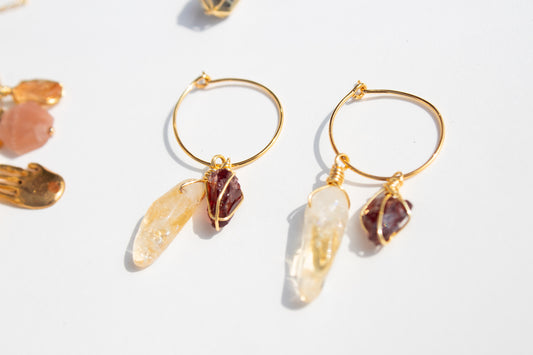 Apotropaic. Earrings with garnet and citrine