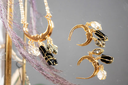 Presagio. Collar de luna con pirita, turmalina negra y herkimer