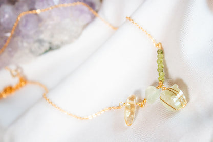 Destello. Collar de peridoto, kunzita y citrino