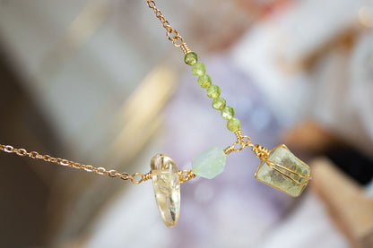 Destello. Collar de peridoto, kunzita y citrino