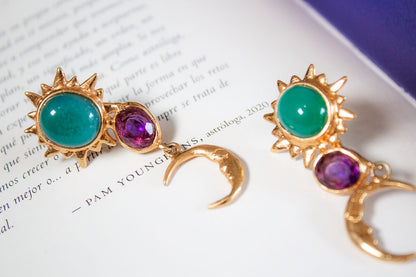 Alquimia. Aretes de sol y luna con calcedonia y amatista