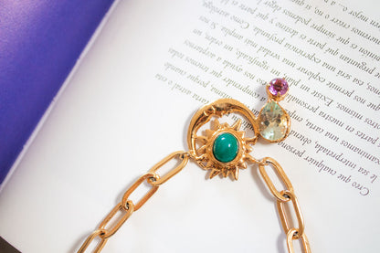 Alquimia. Collar sol y luna con calcedonia, prasiolita y amatista