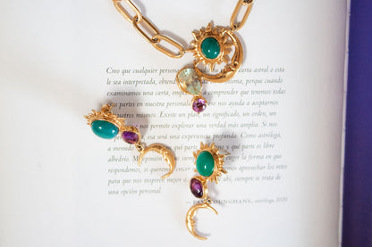 Alquimia. Collar sol y luna con calcedonia, prasiolita y amatista