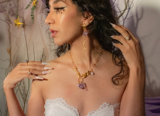 Itza. Necklace with amethyst, white quartz and pearls