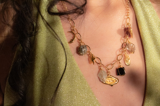 Zyanya. Necklace with pyrite, fluorite, black tourmaline and herkimer