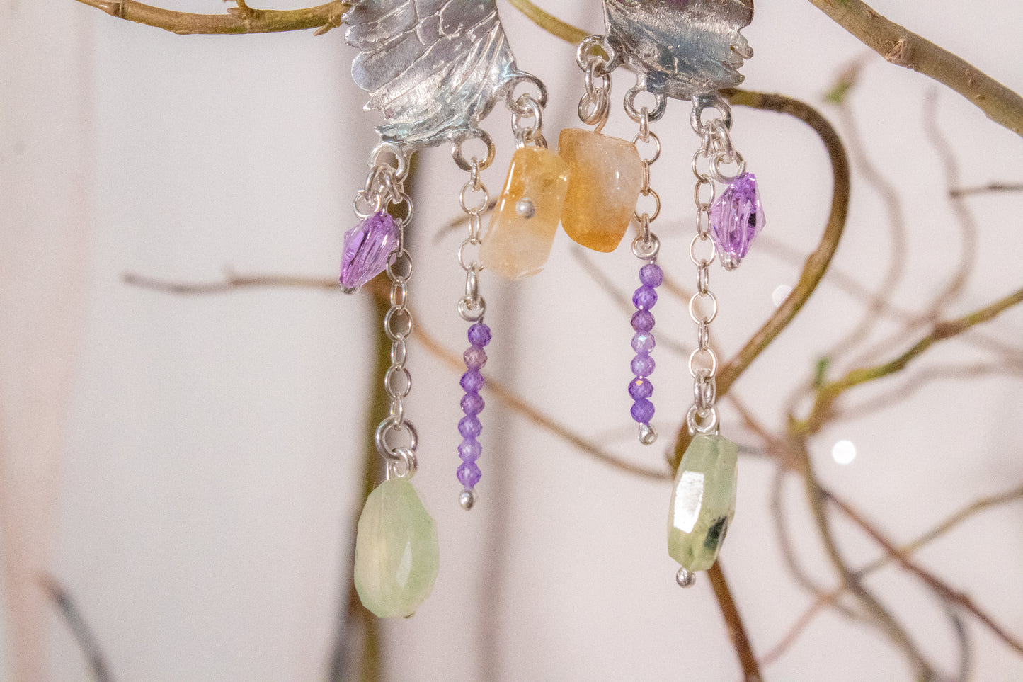 Amaité. .925 silver earrings with prehnite, zircons, citrine quartz and Swarovski crystal