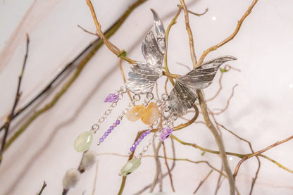 Amaité. Aretes de plata .925 con prehnita, zirconias, cuarzo citrino y cristal swarovski