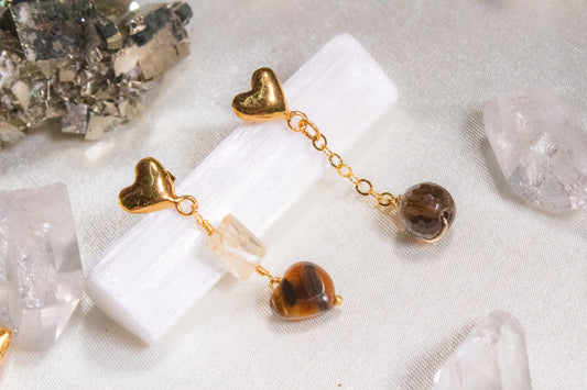 Tonalli. Earrings with citrine, tiger's eye and smoky quartz