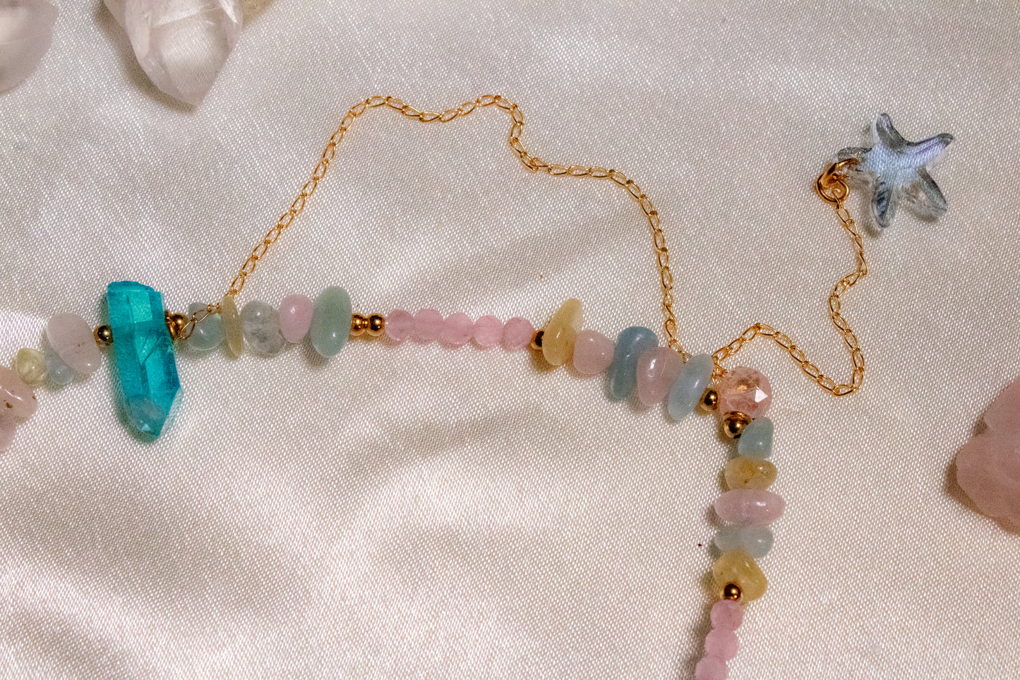 Izel. Chocker with morganite, rose quartz, aqua aura quartz and cat's eye