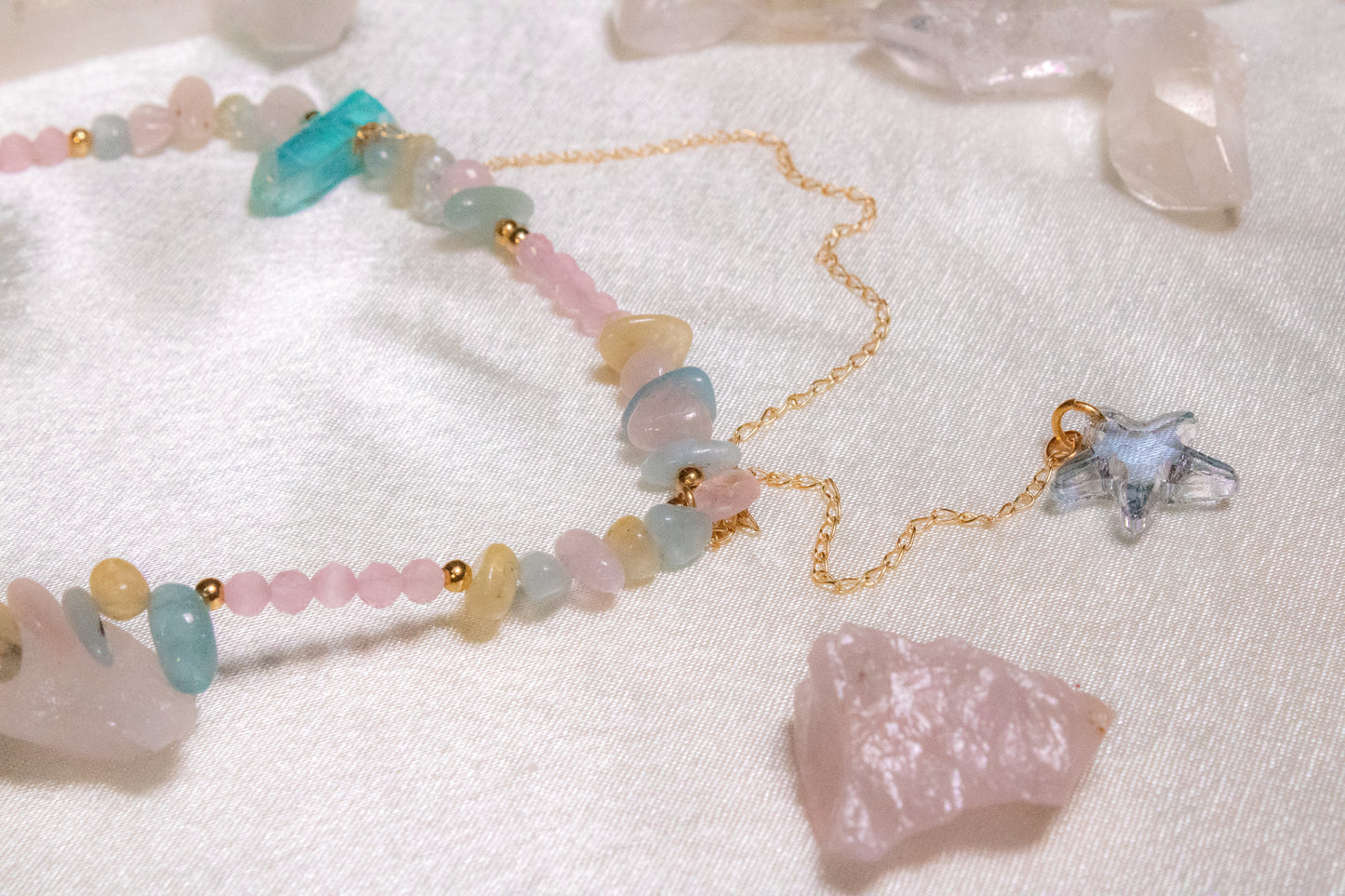 Izel. Chocker with morganite, rose quartz, aqua aura quartz and cat's eye