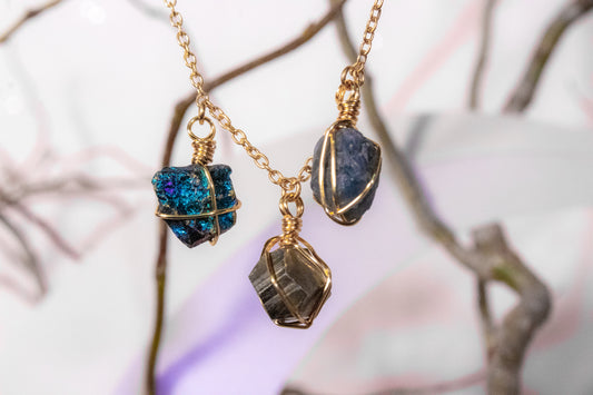 Litza. Double necklace with chalcopyrite, pyrite and sapphire.