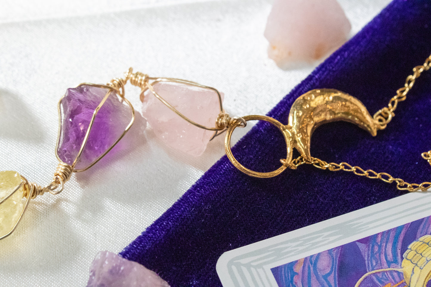 Ikal. Necklace with rose quartz, amethyst and lemon quartz.