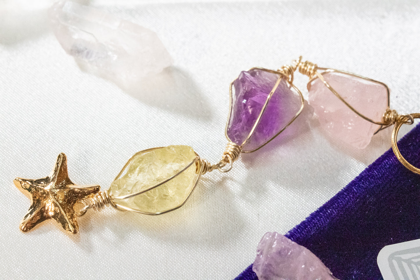 Ikal. Necklace with rose quartz, amethyst and lemon quartz.