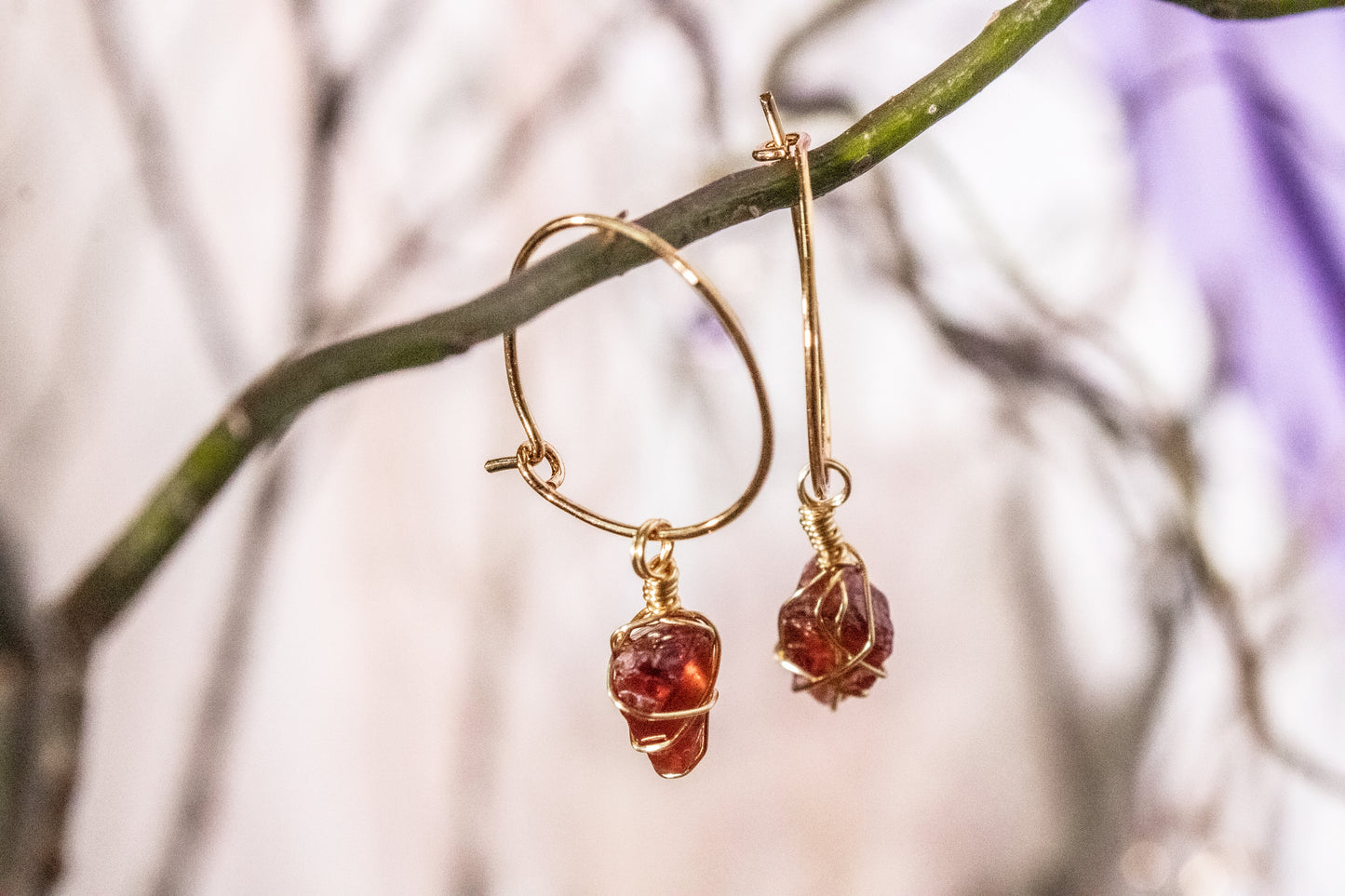 Etzeme. Minimalist hoop earrings with garnet