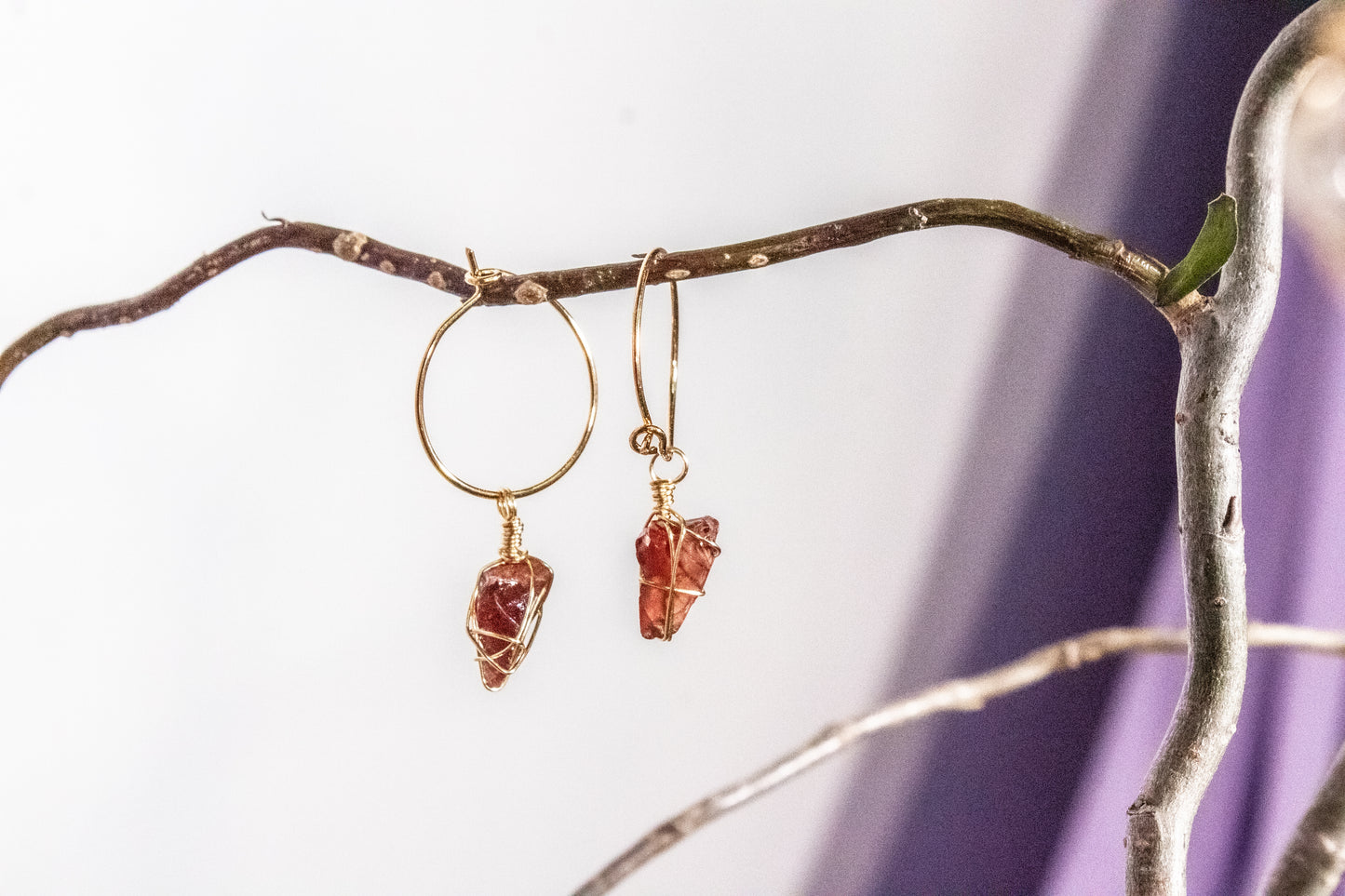 Etzeme. Minimalist hoop earrings with garnet