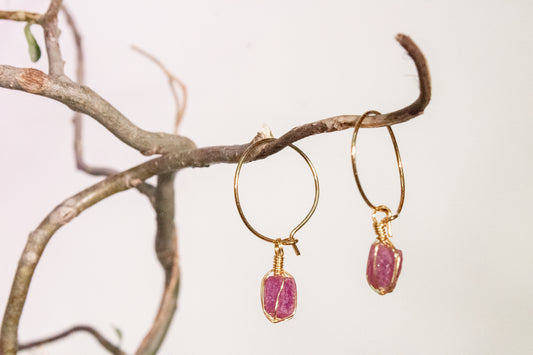 Yaaj. Minimalist hoop earrings with rustic ruby