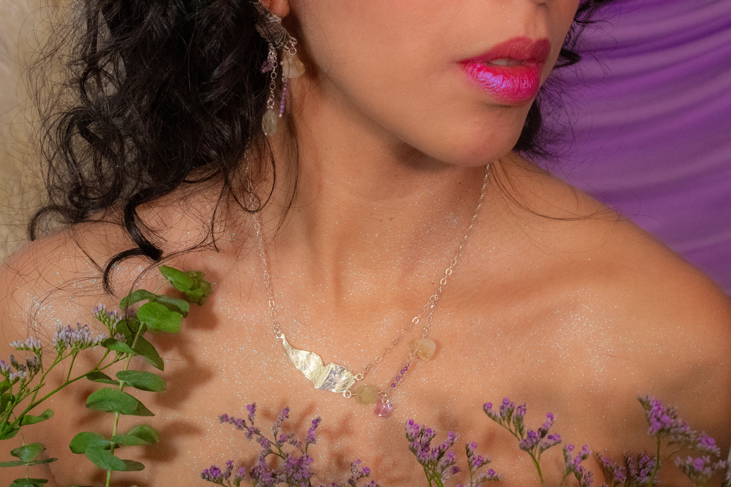Amaité. .925 silver necklace with prehnite, zircons, citrine quartz and Swarovski crystal